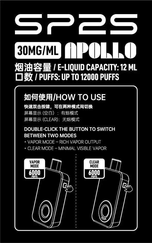 SP2S Apollo 雙模式切換說明：快速雙擊切換 CLEAR 無煙模式，辦公室必備。
