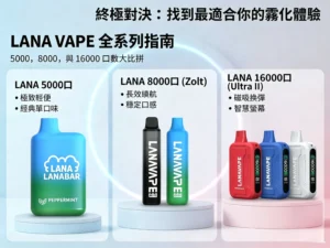 LANA電子煙系列對比指南：包含LANA 5000、8000與16000口規格展示。